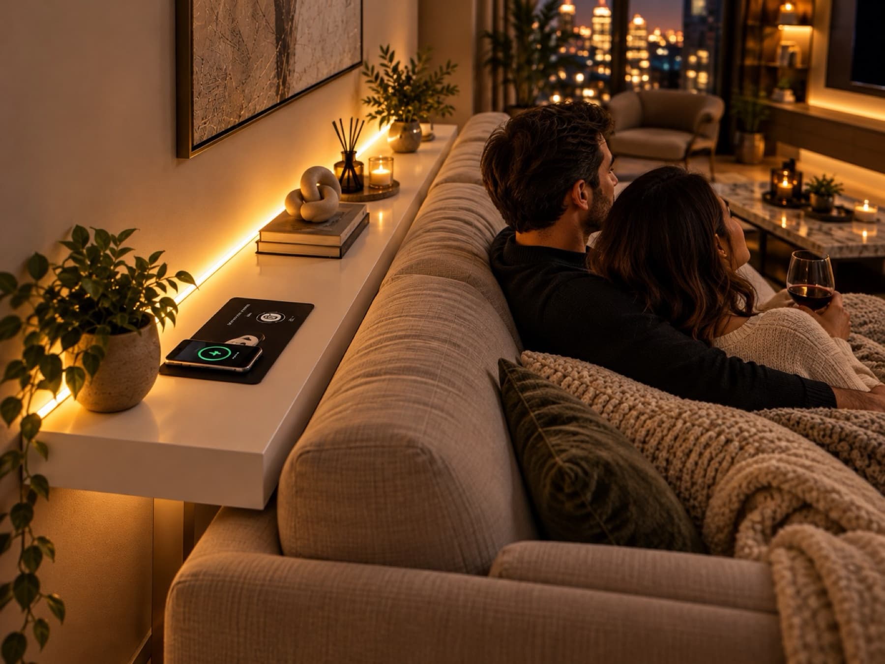 Smart Sofa Console ile akşam salon görünümü